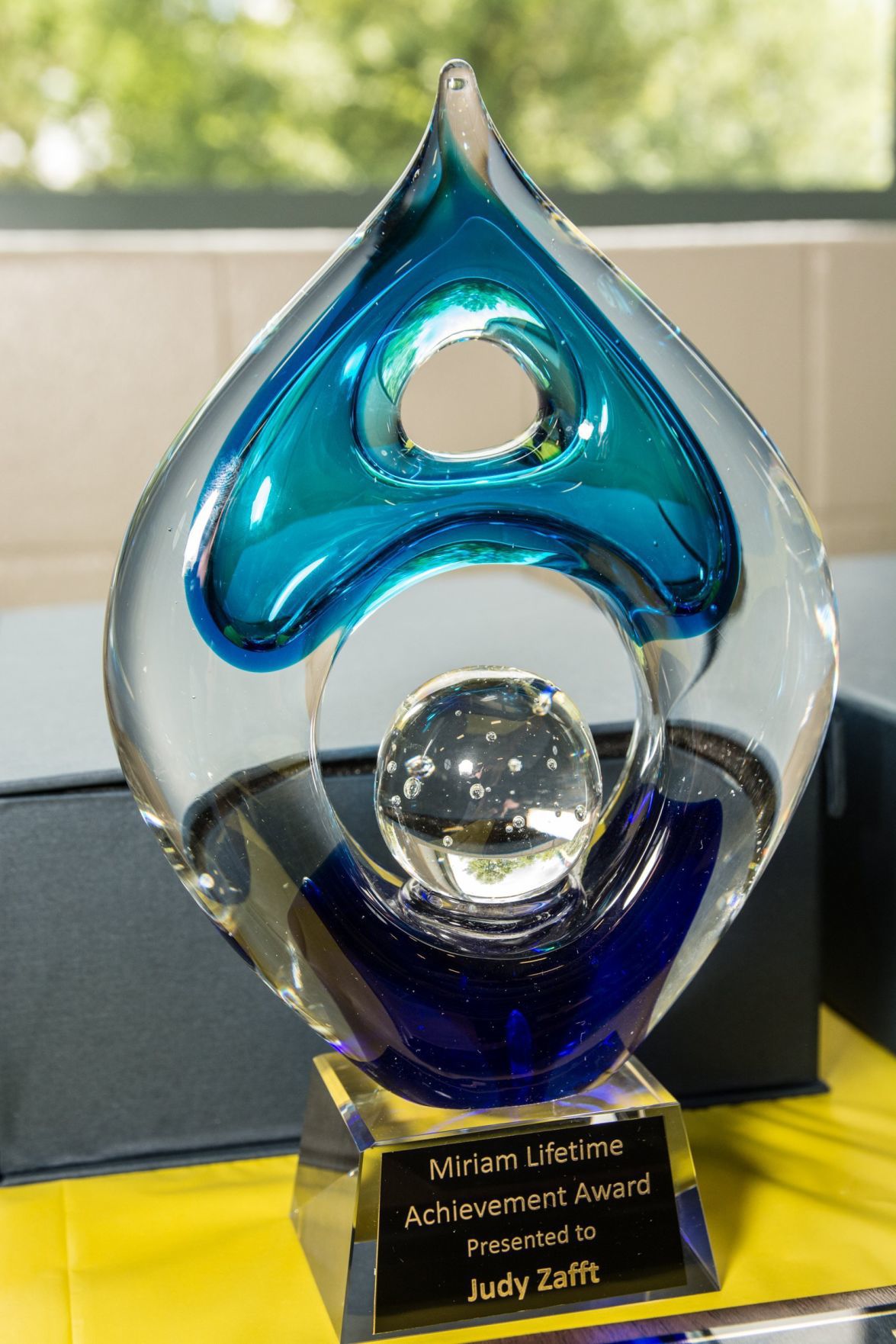 The Miriam Lifetime Achievement Award plaque presented to Judy Zafft